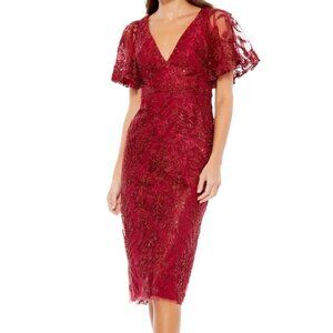 Mac Duggal Wine Red Flutter Sleeve Embroidered Embellished Dress